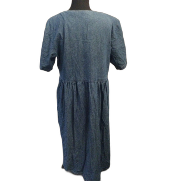 Vintage Cottagecore 80s Soft Denim Dress Pearl Button Front Floral Lace L - Picture 3 of 6